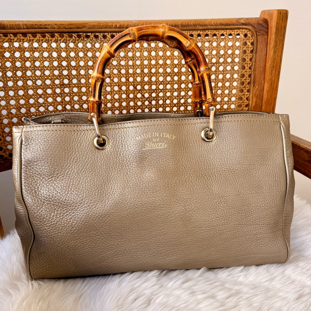 Gucci Taupe Leather Satchel with Bamboo Top Handles